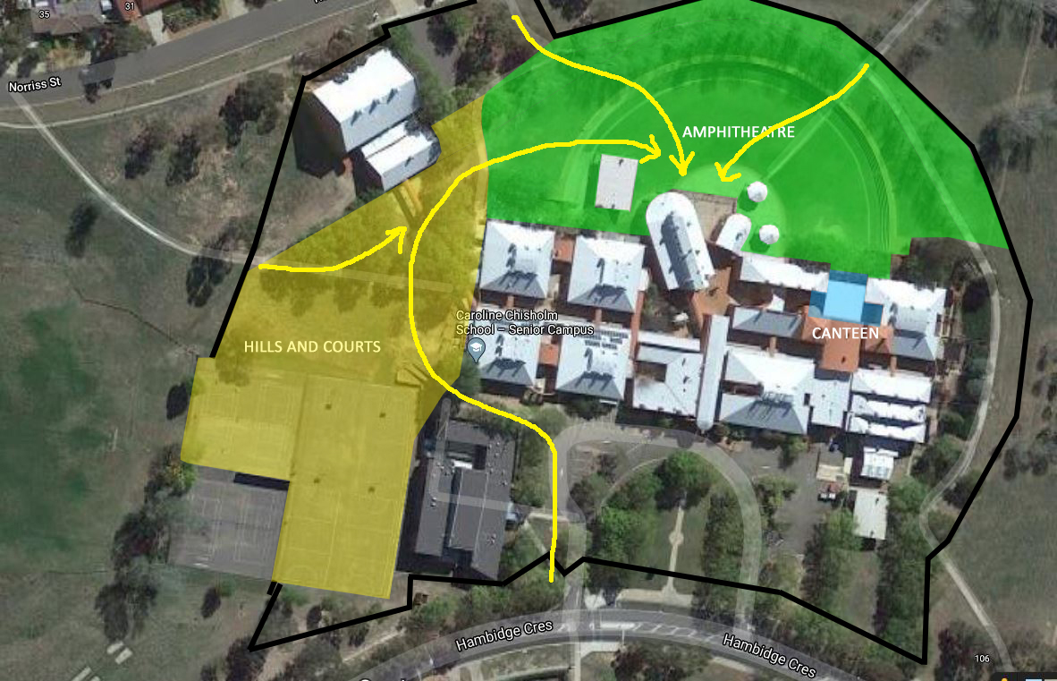 A map of where students are allowed to ride their bicycles, scooters and electric scooters on the school grounds.